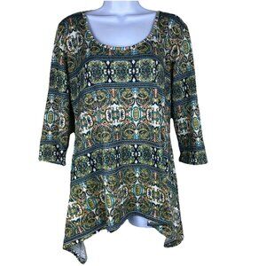 Wilde Size XL Green Paisley Print Tunic Top With Asymmetrical Hemline